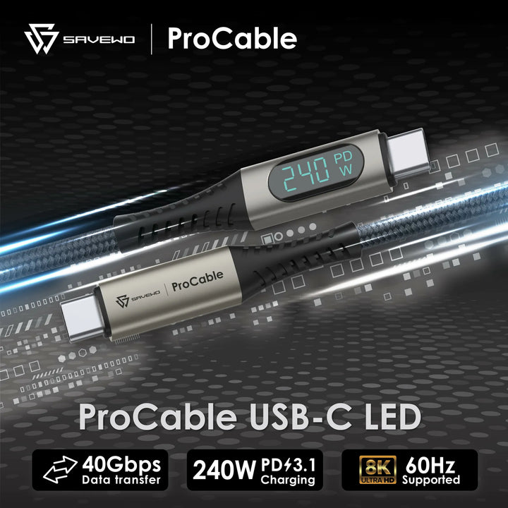 SAVEWO ProCable USB-C LED 功率顯示USB4 Thunderbolt 4 極速充電傳輸線